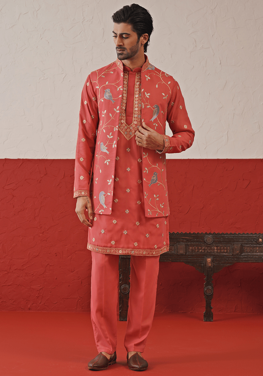 Red Embroidered Kurta Set With Jacket Kalpraag - Fabilicious Fashion