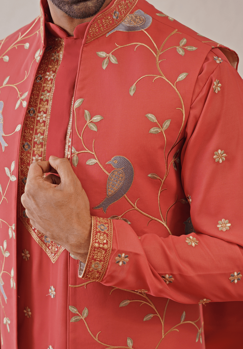 Red Embroidered Kurta Set With Jacket Kalpraag - Fabilicious Fashion