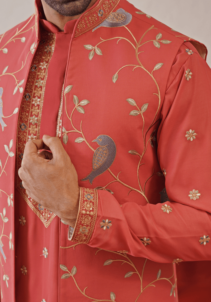 Red Embroidered Kurta Set With Jacket Kalpraag - Fabilicious Fashion