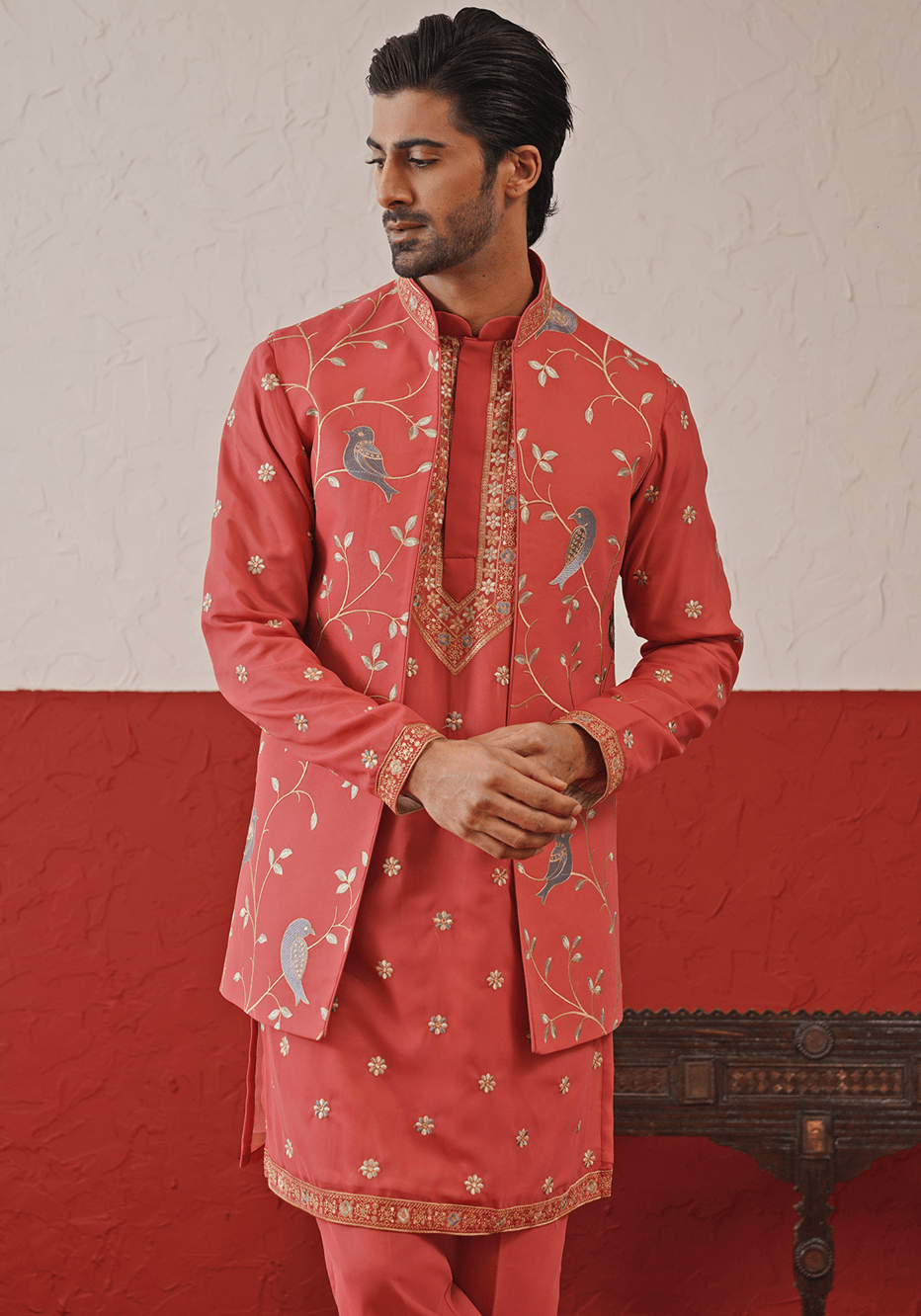 Red Embroidered Kurta Set With Jacket Kalpraag - Fabilicious Fashion