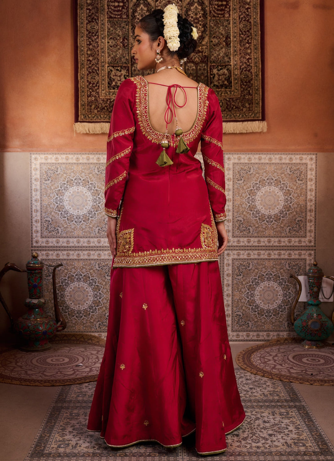 Red Embroidered Kurta Sharara Set KAPDA DORI - Fabilicious Fashion