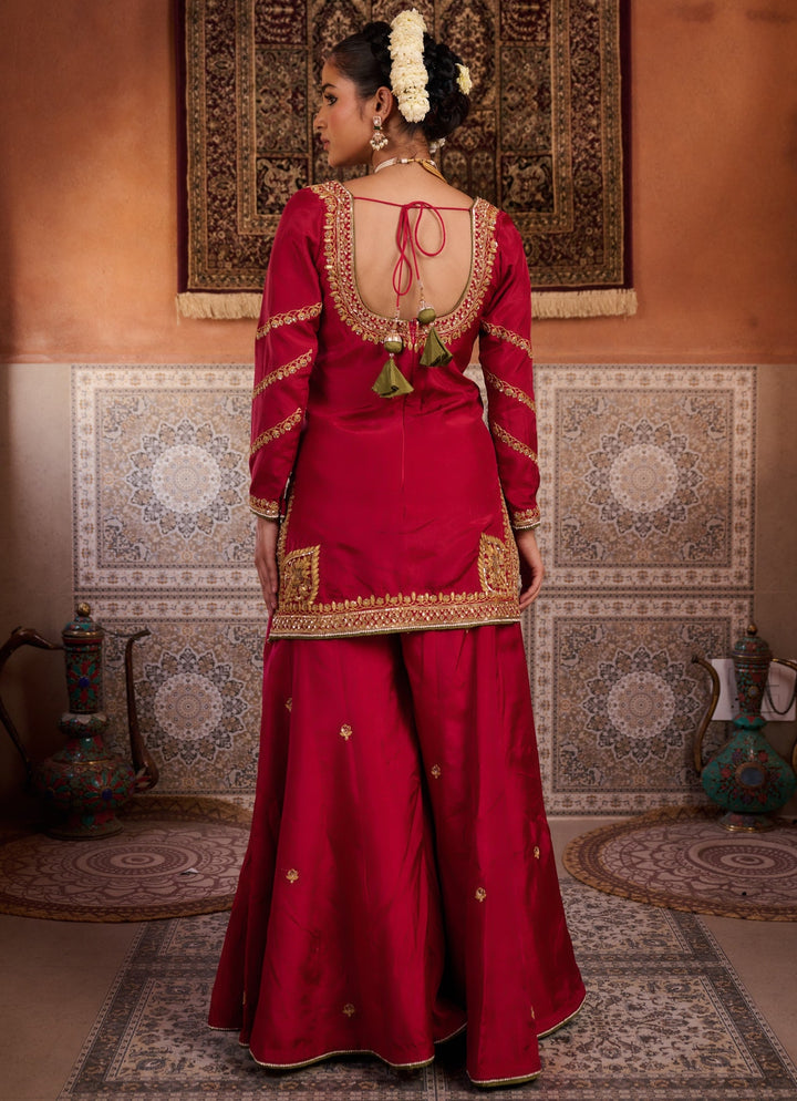 Red Embroidered Kurta Sharara Set KAPDA DORI - Fabilicious Fashion