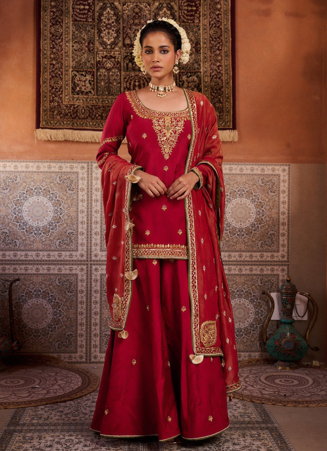 Red Embroidered Kurta Sharara Set KAPDA DORI - Fabilicious Fashion