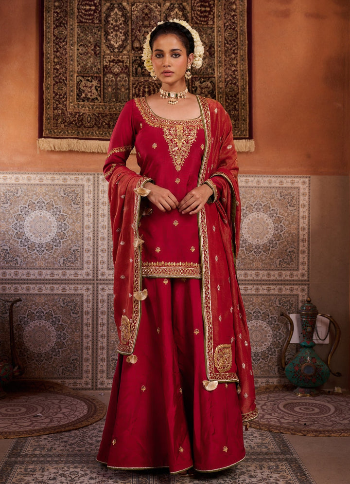 Red Embroidered Kurta Sharara Set KAPDA DORI - Fabilicious Fashion