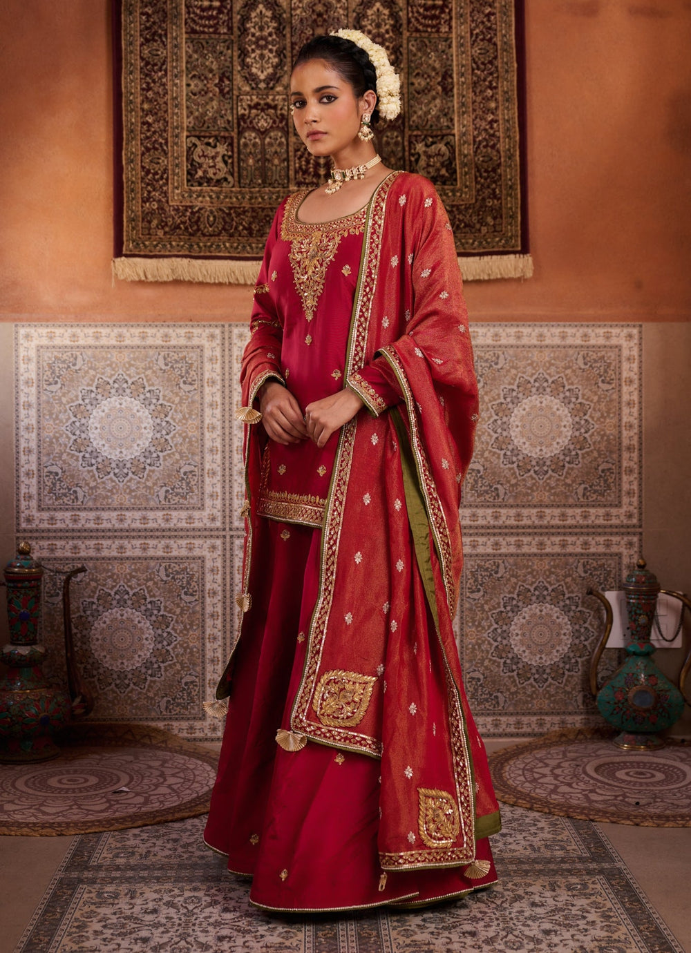 Red Embroidered Kurta Sharara Set KAPDA DORI - Fabilicious Fashion