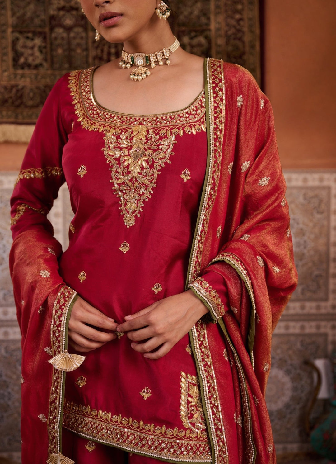 Red Embroidered Kurta Sharara Set KAPDA DORI - Fabilicious Fashion