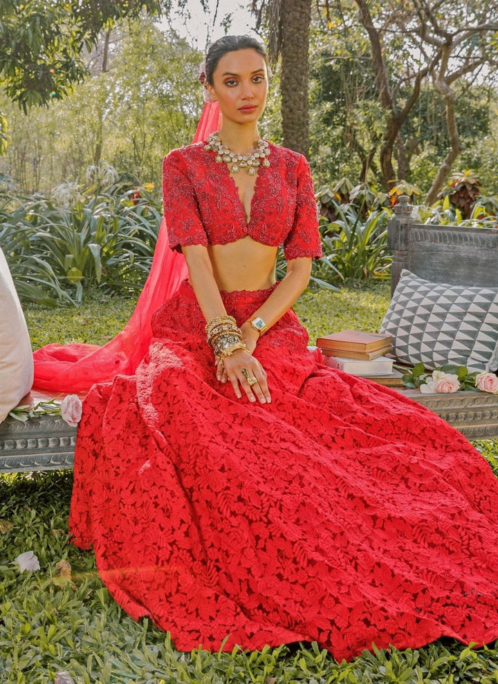 The Little Black Bow Red Embroidered Lace Bridal Lehenga SetFabilicious Fashion