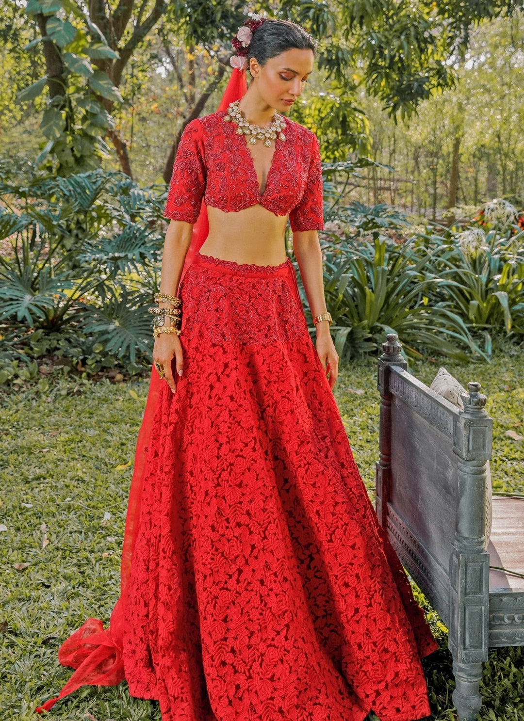 The Little Black Bow Red Embroidered Lace Bridal Lehenga SetFabilicious Fashion