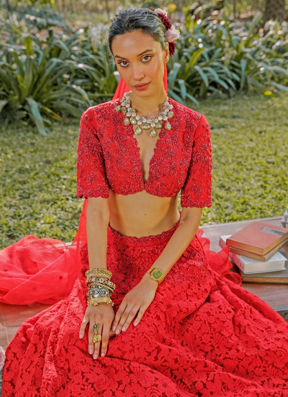 The Little Black Bow Red Embroidered Lace Bridal Lehenga SetFabilicious Fashion