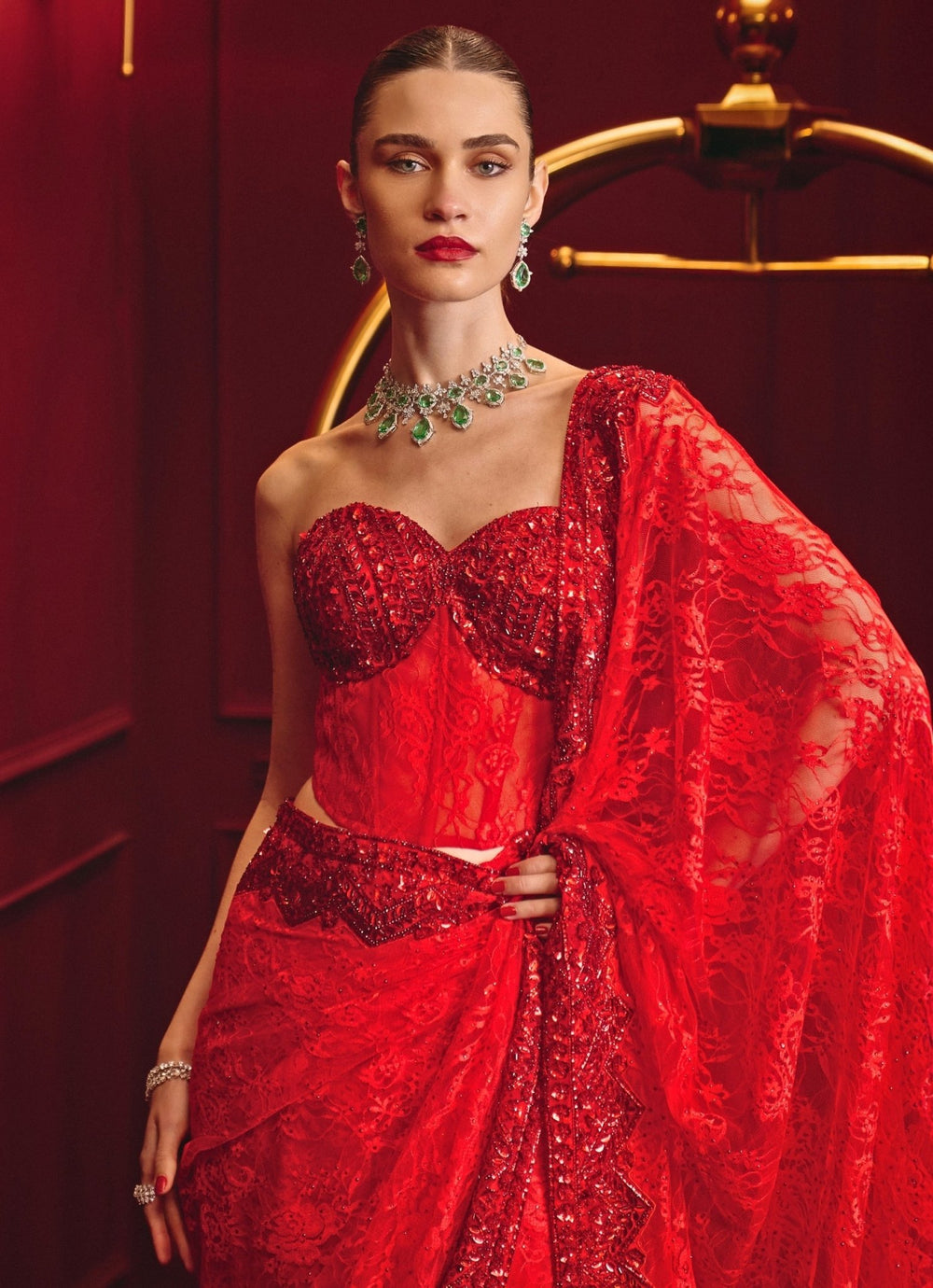 Red Embroidered Lace Saree With Corset Blouse Angad Singh - Fabilicious Fashion