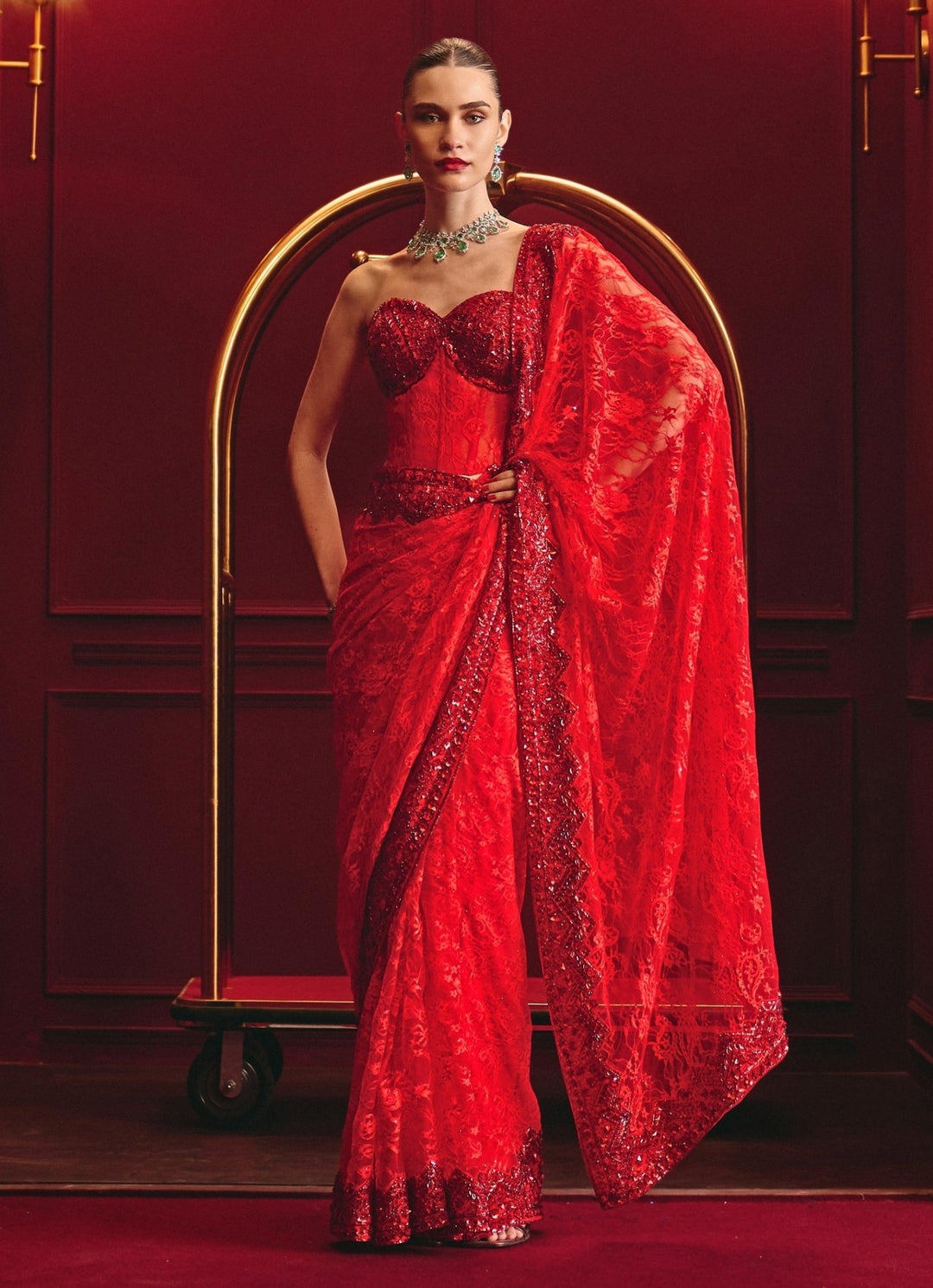 Red Embroidered Lace Saree With Corset Blouse Angad Singh - Fabilicious Fashion