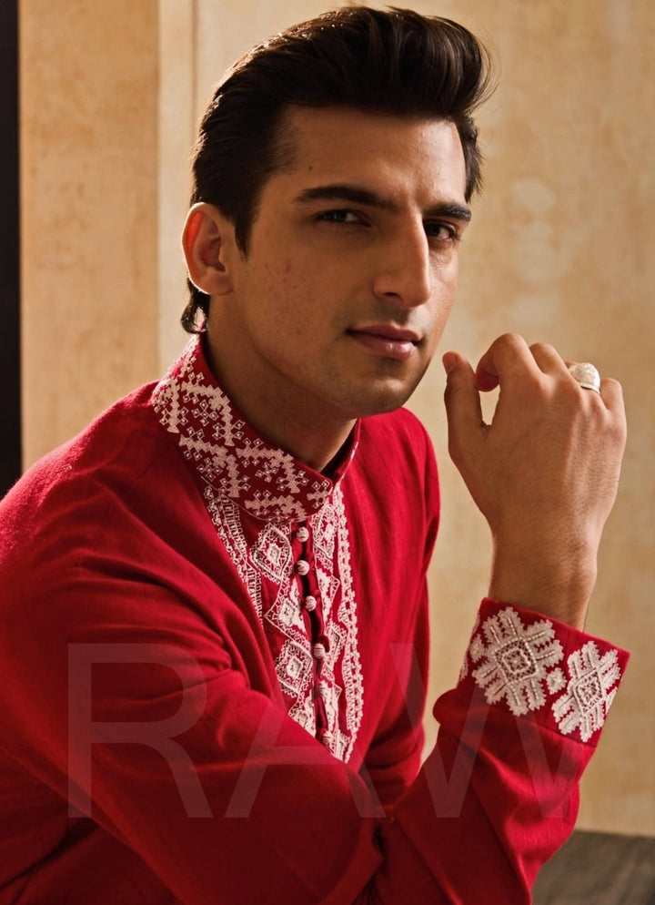 Red Embroidered Linen Kurta Set Nitika Gujral - Men - Fabilicious Fashion