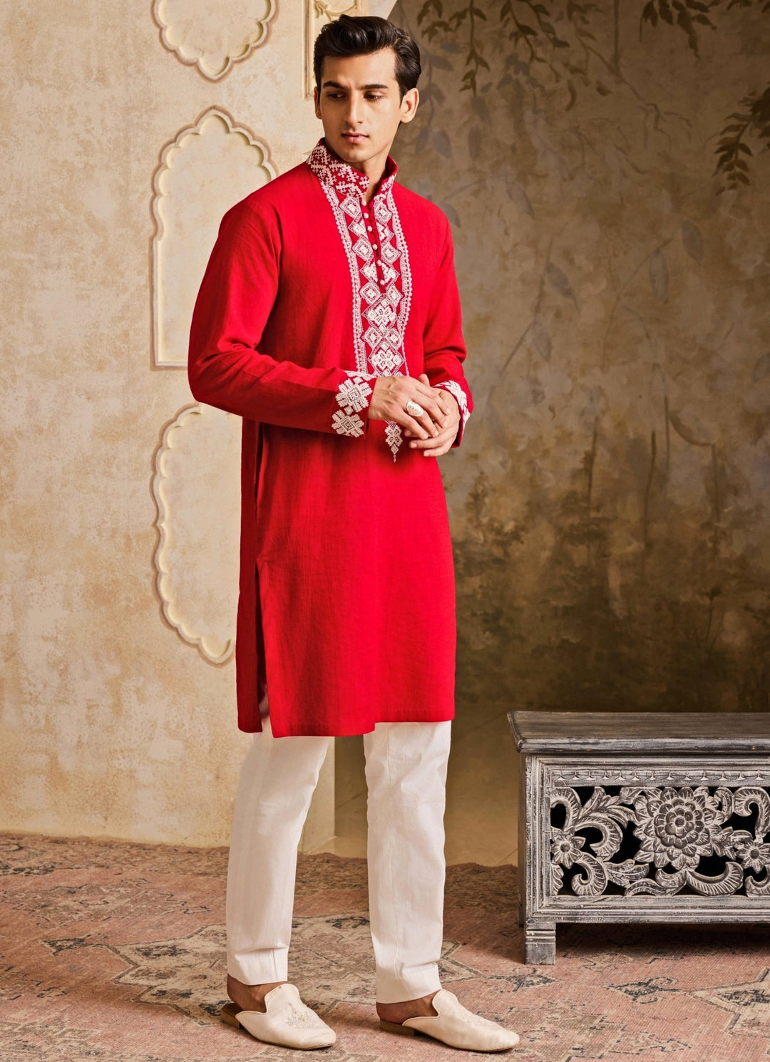 Red Embroidered Linen Kurta Set Nitika Gujral - Men - Fabilicious Fashion