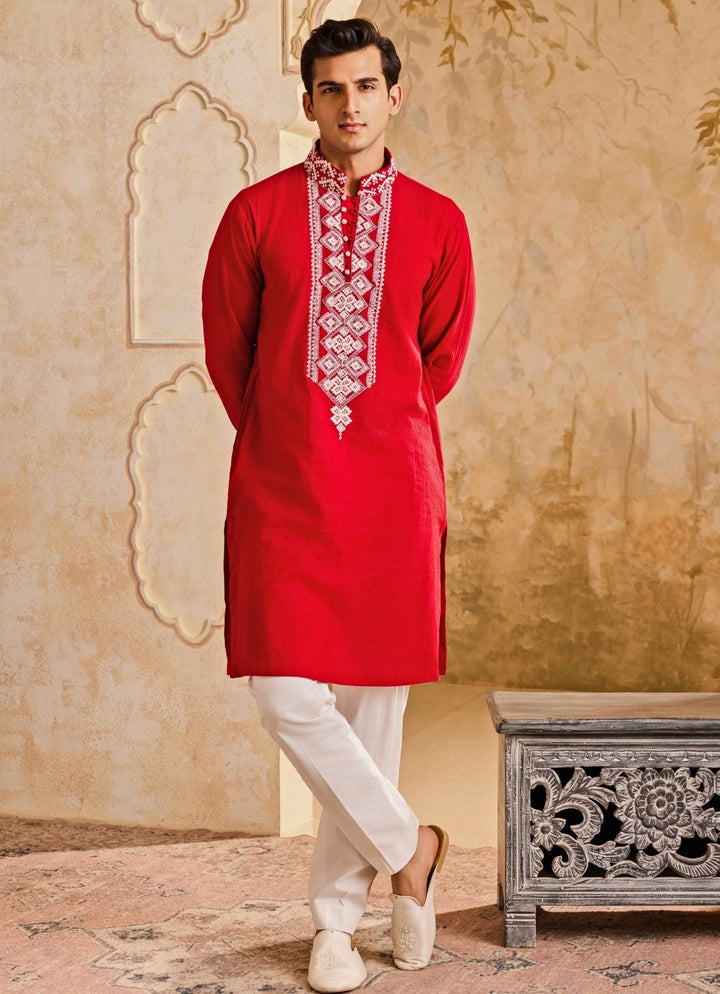 Red Embroidered Linen Kurta Set Nitika Gujral - Men - Fabilicious Fashion