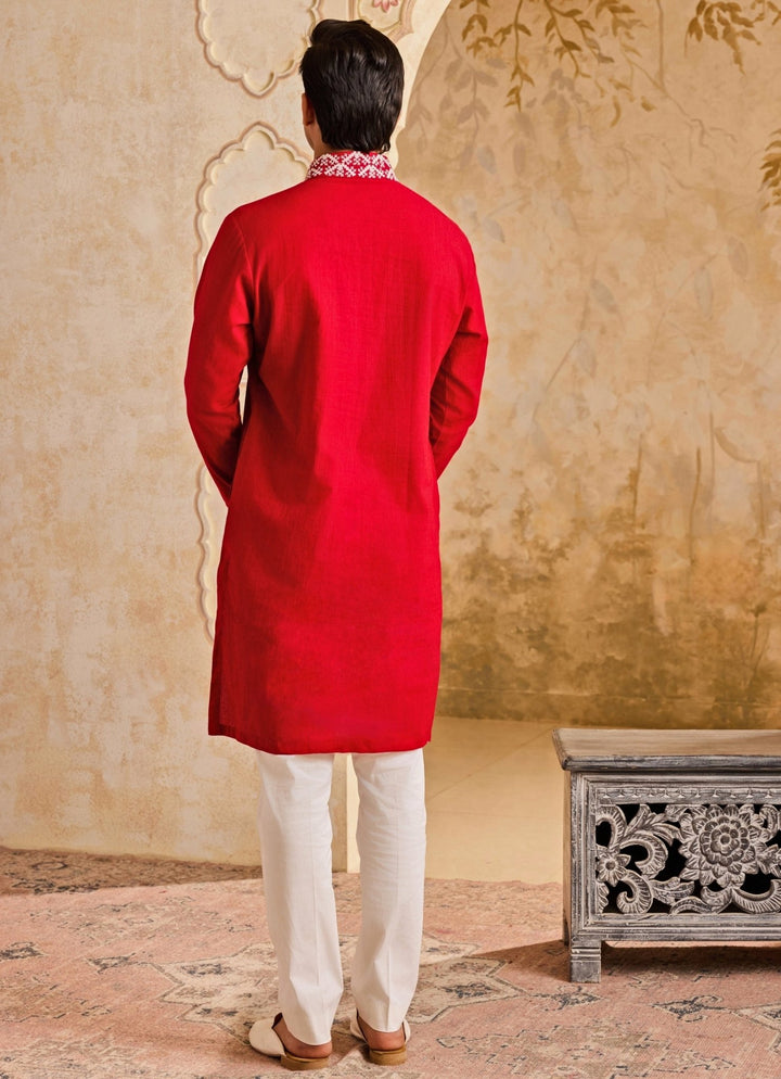 Red Embroidered Linen Kurta Set Nitika Gujral - Men - Fabilicious Fashion