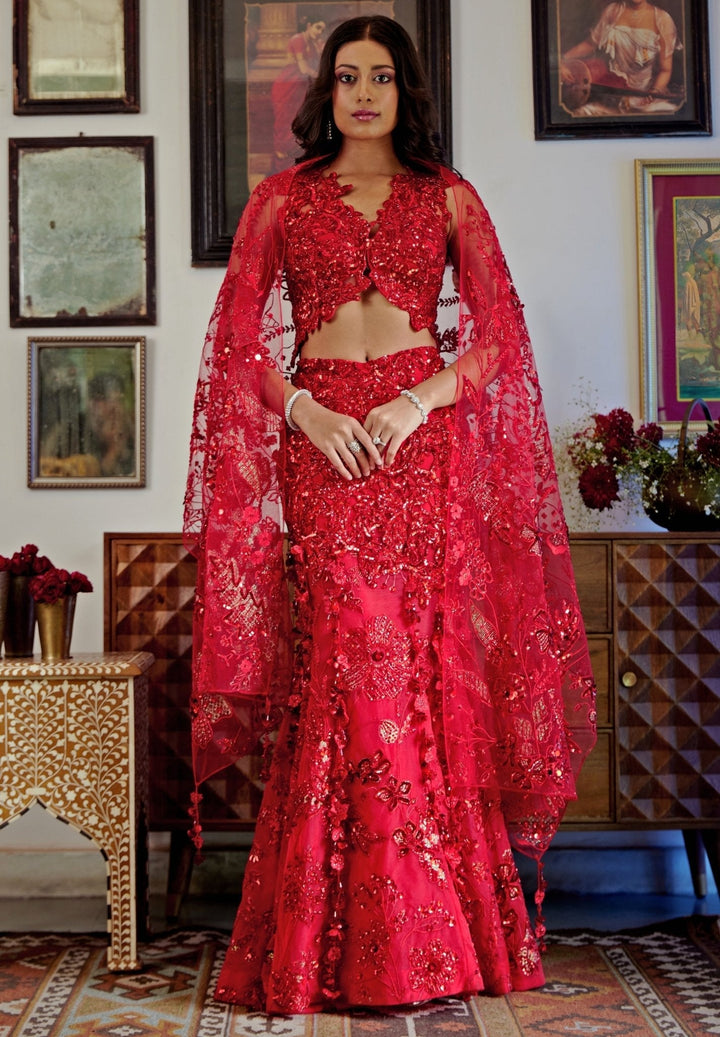 Red Embroidered Mermaid Bridal Lehenga Moledro - Fabilicious Fashion