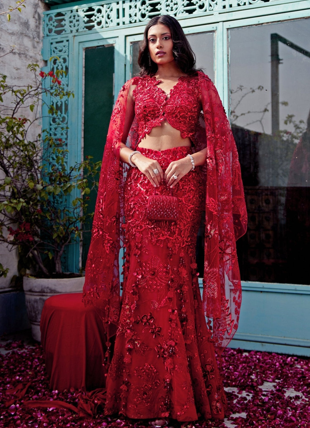 Red Embroidered Mermaid Bridal Lehenga Moledro - Fabilicious Fashion