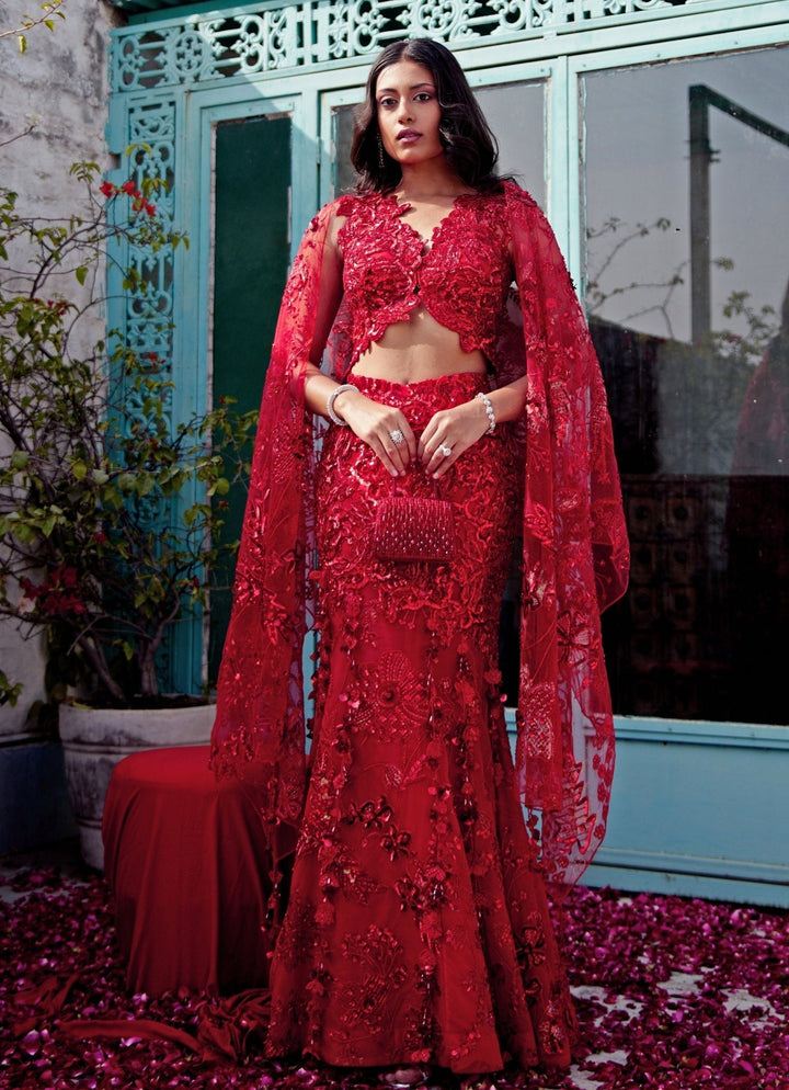 Red Embroidered Mermaid Bridal Lehenga Moledro - Fabilicious Fashion