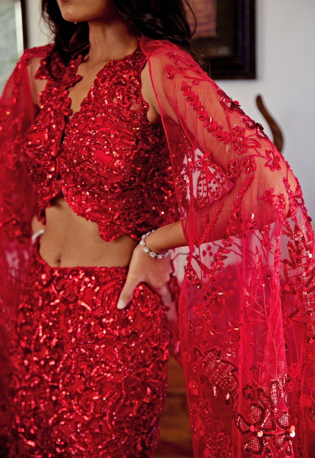 Red Embroidered Mermaid Bridal Lehenga Moledro - Fabilicious Fashion