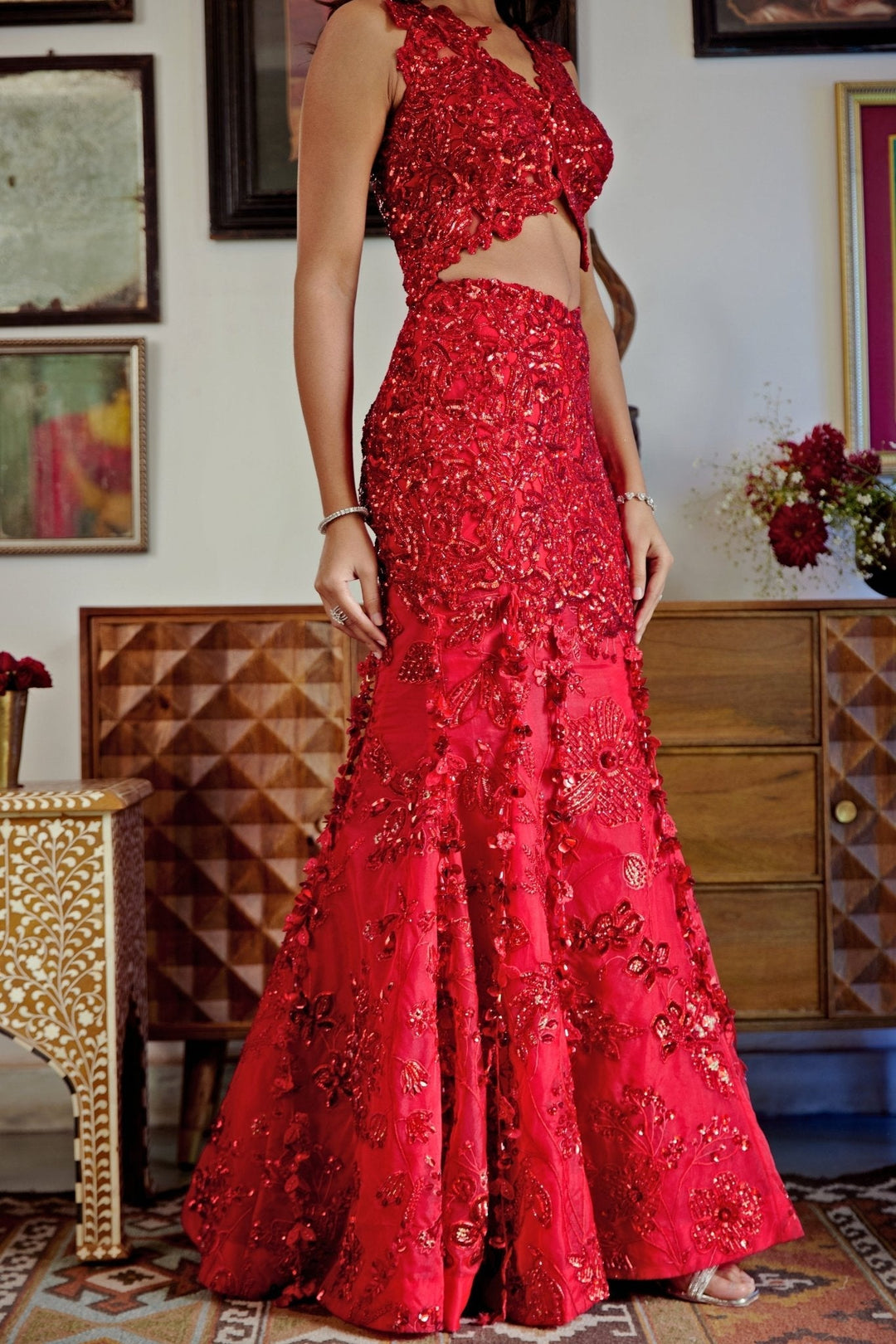 Red Embroidered Mermaid Bridal Lehenga Moledro - Fabilicious Fashion