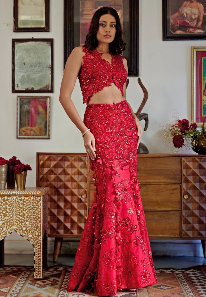 Red Embroidered Mermaid Bridal Lehenga Moledro - Fabilicious Fashion