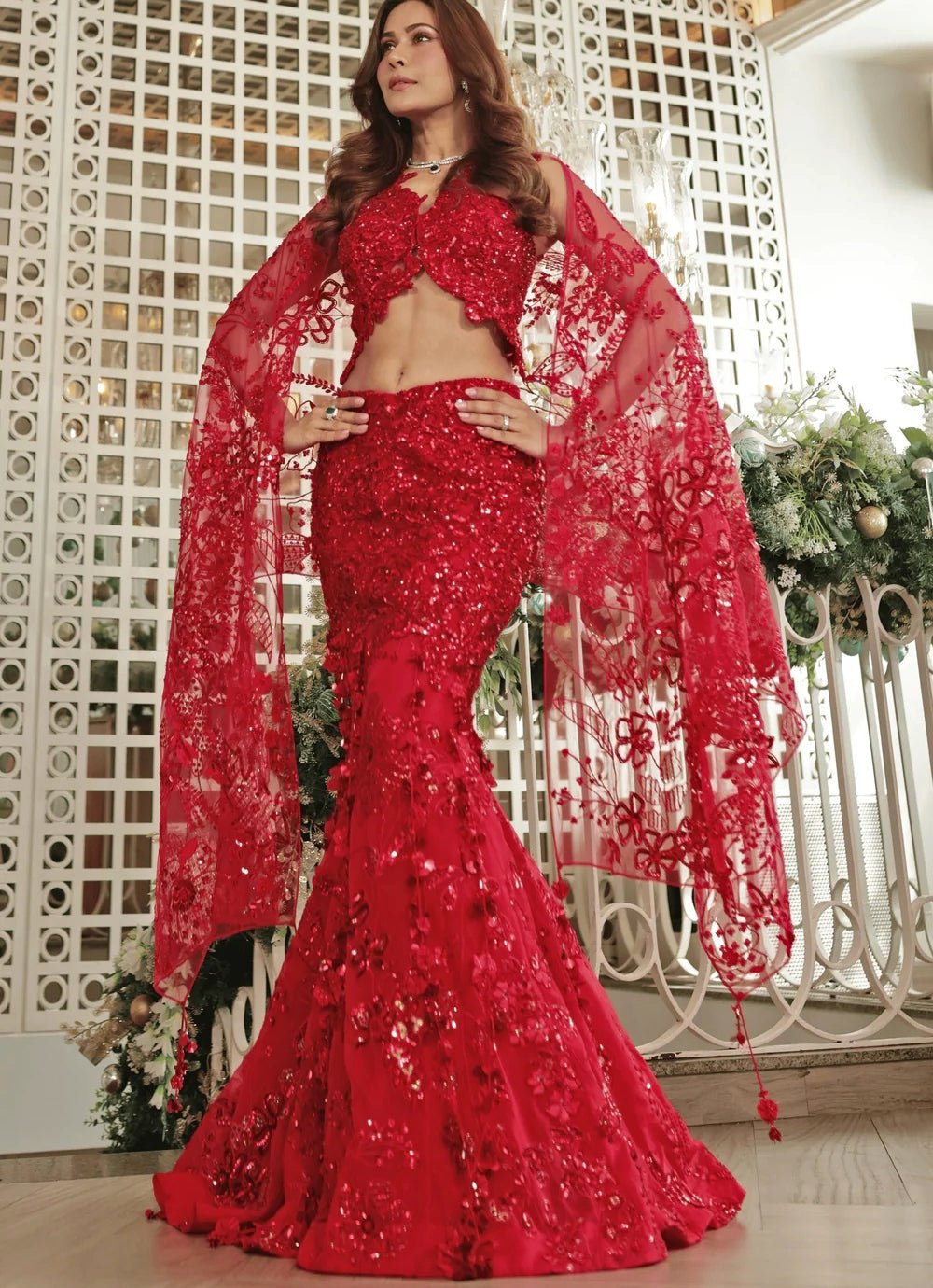 Red Embroidered Mermaid Bridal Lehenga Moledro - Fabilicious Fashion