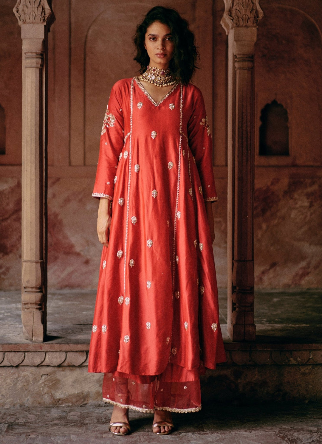 Red Embroidered Modal Silk Anarkali Set Paulmi and Harsh - Fabilicious Fashion