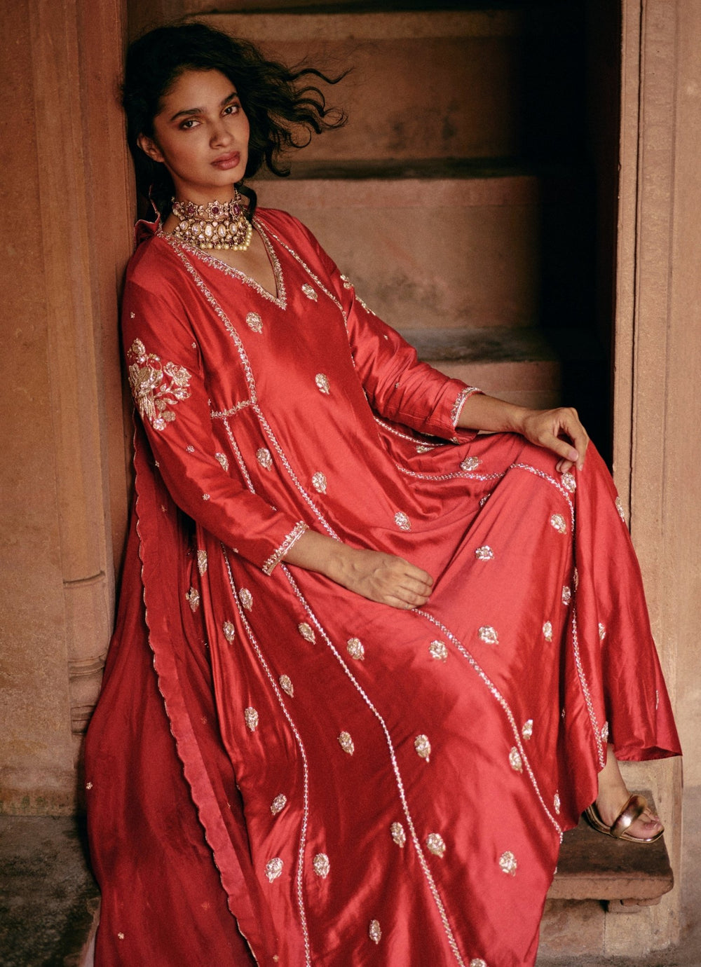 Red Embroidered Modal Silk Anarkali Set Paulmi and Harsh - Fabilicious Fashion