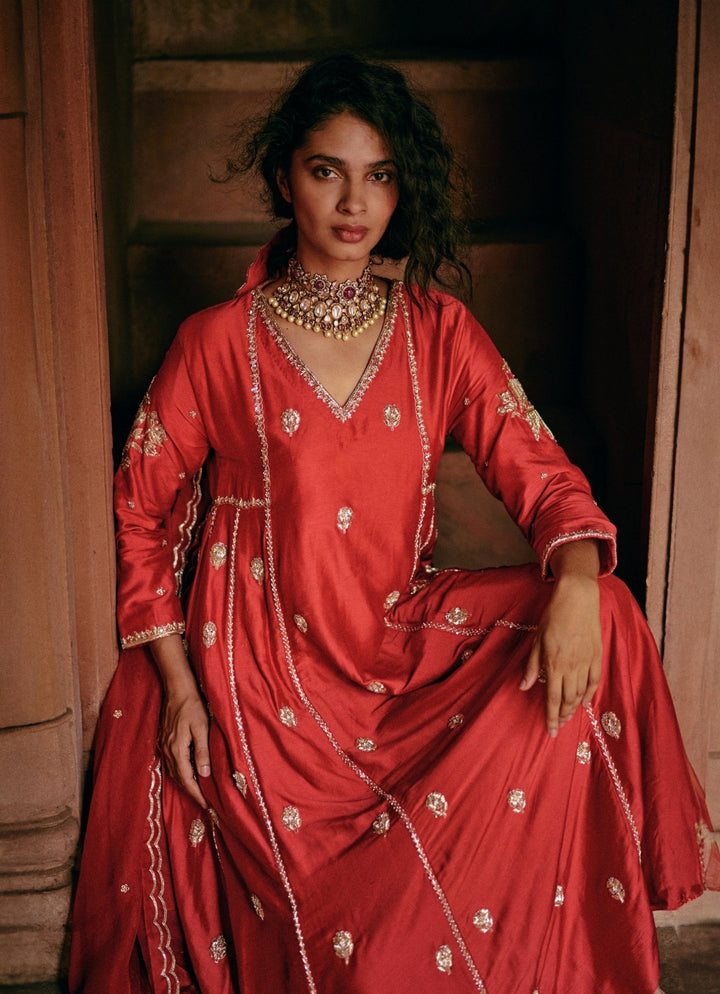 Red Embroidered Modal Silk Anarkali Set Paulmi and Harsh - Fabilicious Fashion