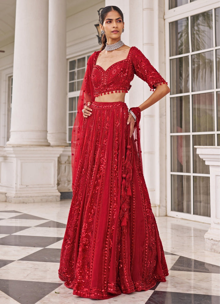 Red Embroidered Organza Lehenga Set Nidhika Shekar - Fabilicious Fashion