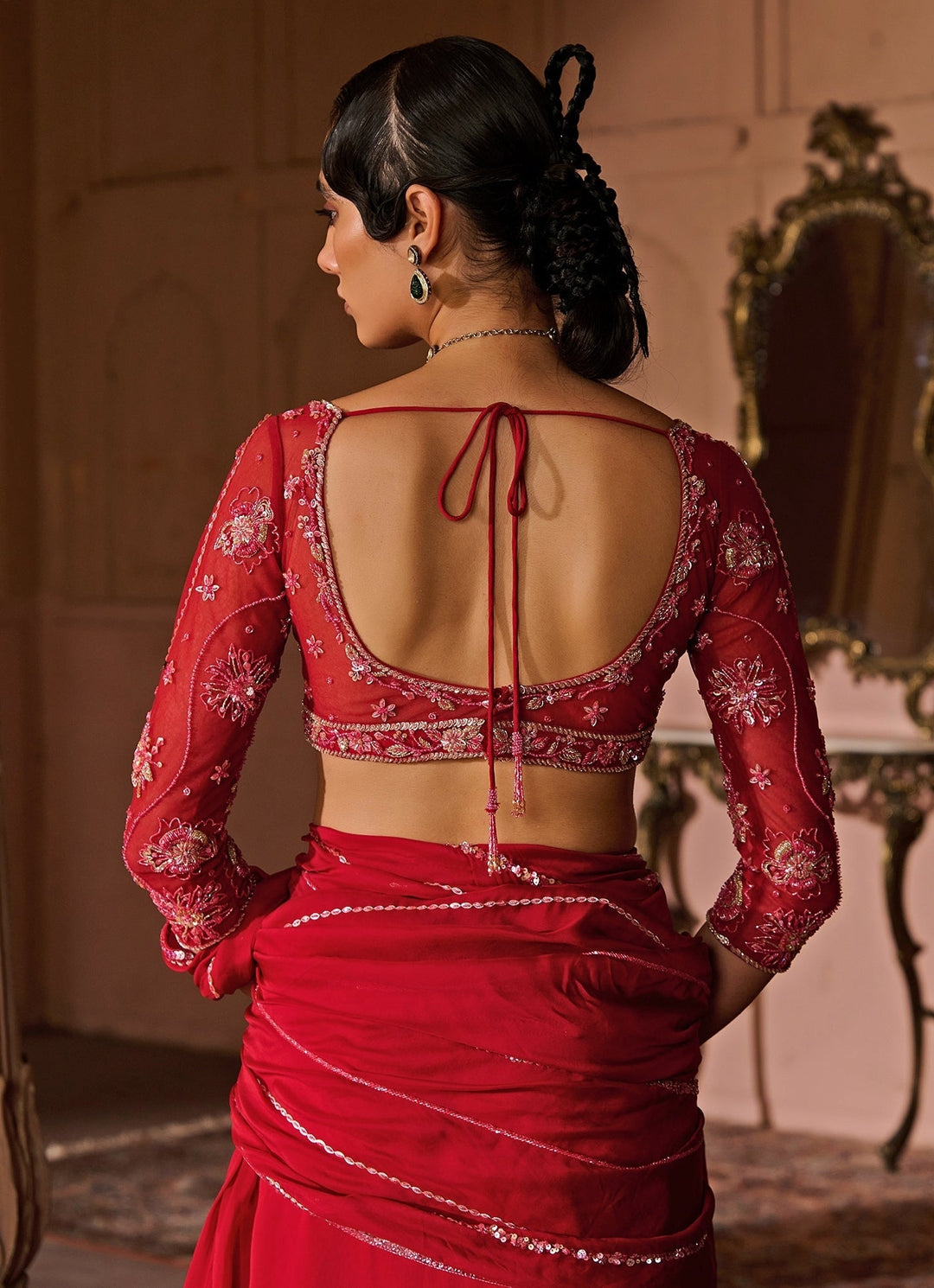 Red Embroidered Organza Pre - Draped Saree Zoon Tribe - Fabilicious Fashion
