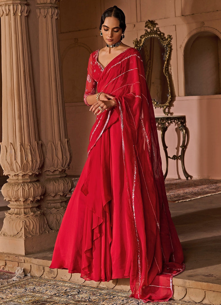 Red Embroidered Organza Pre - Draped Saree Zoon Tribe - Fabilicious Fashion