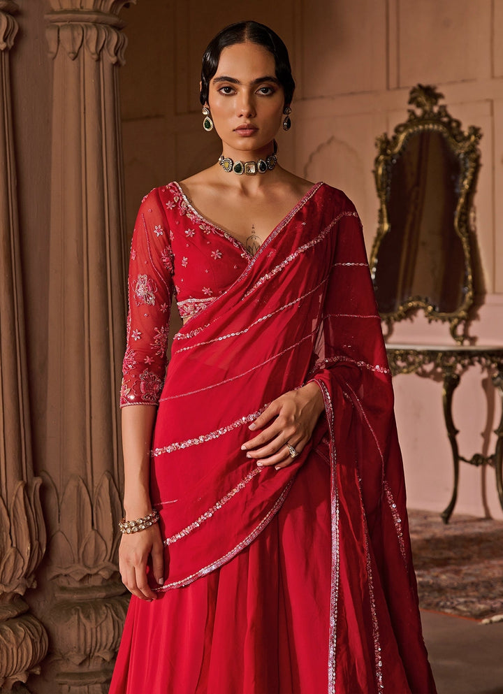 Red Embroidered Organza Pre - Draped Saree Zoon Tribe - Fabilicious Fashion