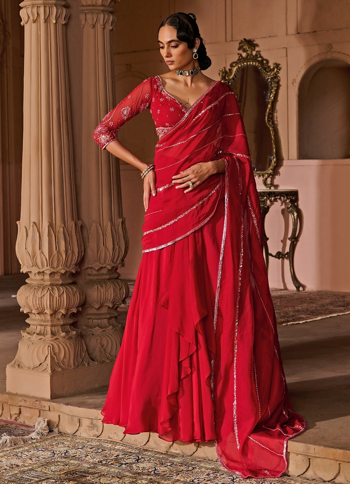 Red Embroidered Organza Pre - Draped Saree Zoon Tribe - Fabilicious Fashion