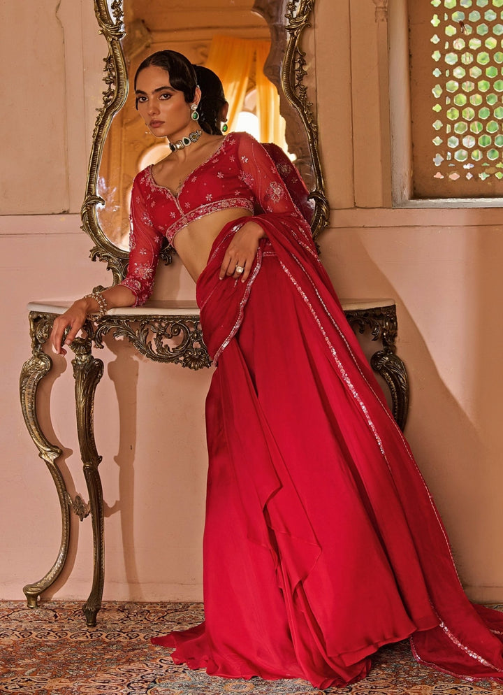 Red Embroidered Organza Pre - Draped Saree Zoon Tribe - Fabilicious Fashion