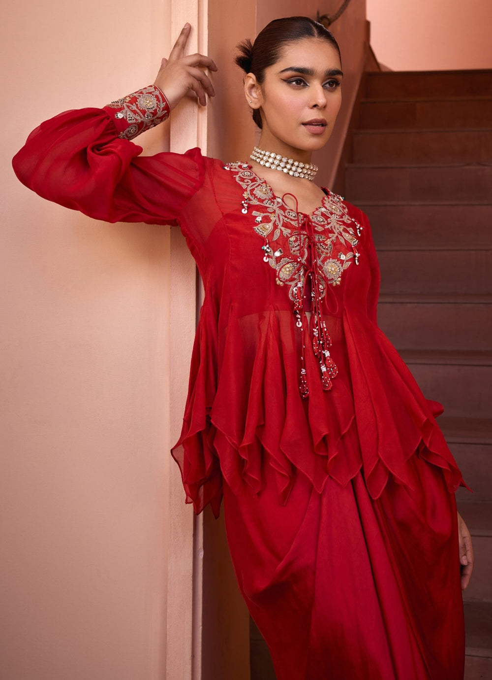 Red Embroidered Organza Shirt Isha Gupta Tayal - Fabilicious Fashion