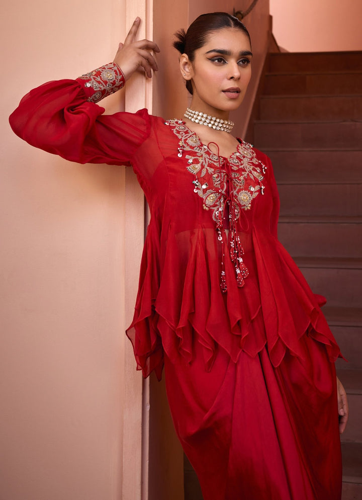 Red Embroidered Organza Shirt Isha Gupta Tayal - Fabilicious Fashion