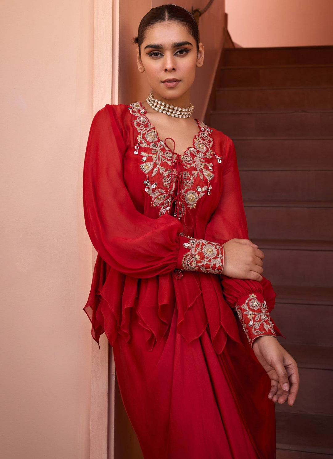 Red Embroidered Organza Shirt Isha Gupta Tayal - Fabilicious Fashion