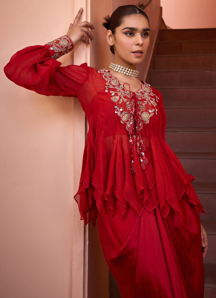 Red Embroidered Organza Top With Drape Skirt Isha Gupta Tayal - Fabilicious Fashion