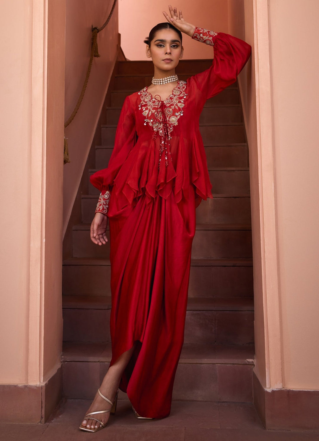 Red Embroidered Organza Top With Drape Skirt Isha Gupta Tayal - Fabilicious Fashion