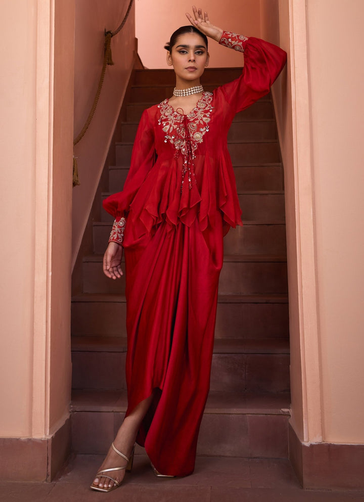 Red Embroidered Organza Top With Drape Skirt Isha Gupta Tayal - Fabilicious Fashion