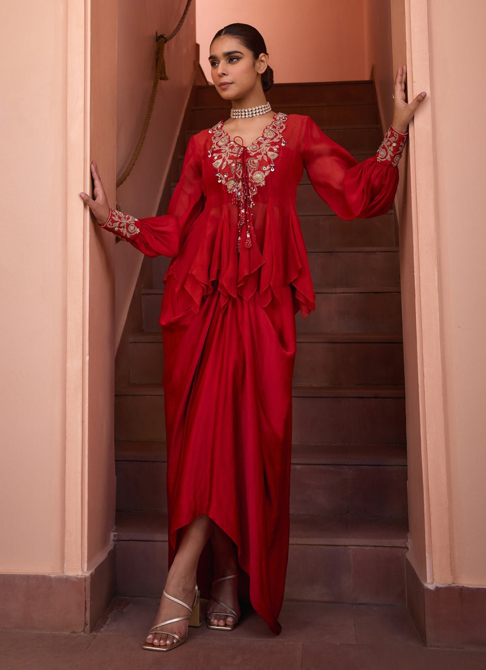 Red Embroidered Organza Top With Drape Skirt Isha Gupta Tayal - Fabilicious Fashion