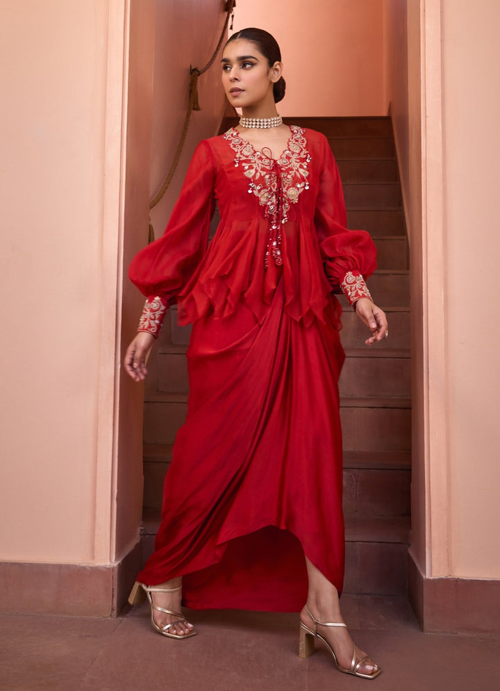 Red Embroidered Organza Top With Drape Skirt Isha Gupta Tayal - Fabilicious Fashion