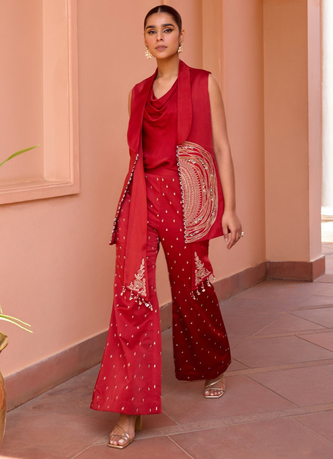 Red Embroidered Pant Set With Embellished Jacket Isha Gupta Tayal - Fabilicious Fashion