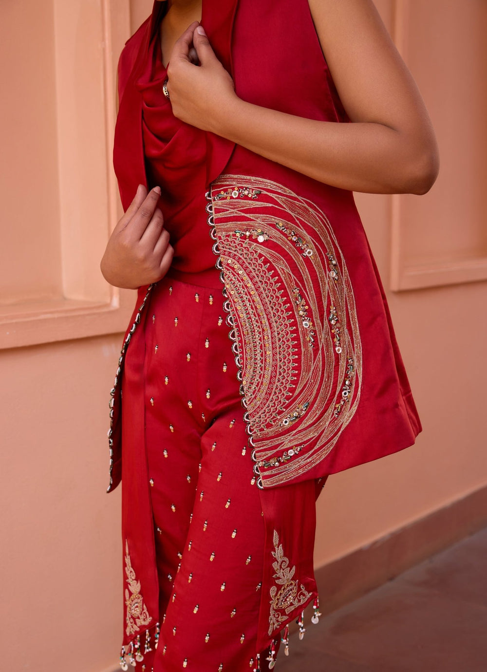 Red Embroidered Pant Set With Embellished Jacket Isha Gupta Tayal - Fabilicious Fashion