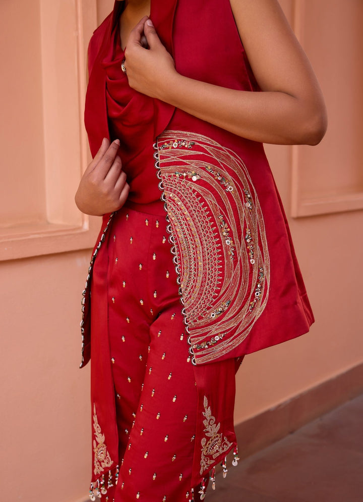 Red Embroidered Pant Set With Embellished Jacket Isha Gupta Tayal - Fabilicious Fashion
