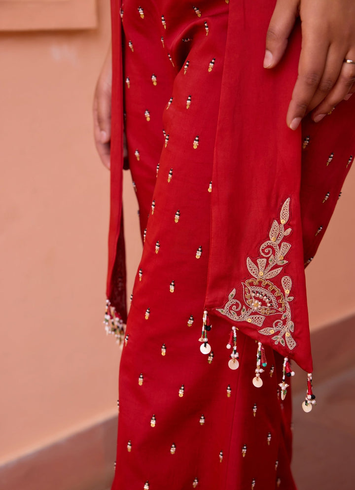 Red Embroidered Pant Set With Embellished Jacket Isha Gupta Tayal - Fabilicious Fashion