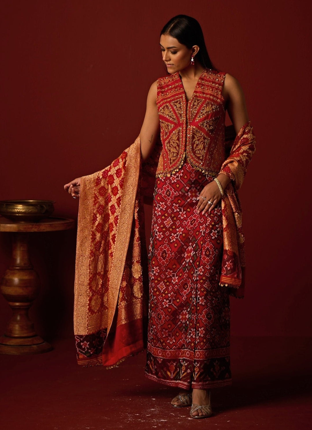 Red Embroidered Patola Silk Gilet With Skirt Twenty Nine - Fabilicious Fashion