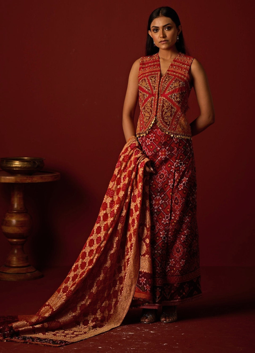 Red Embroidered Patola Silk Gilet With Skirt Twenty Nine - Fabilicious Fashion