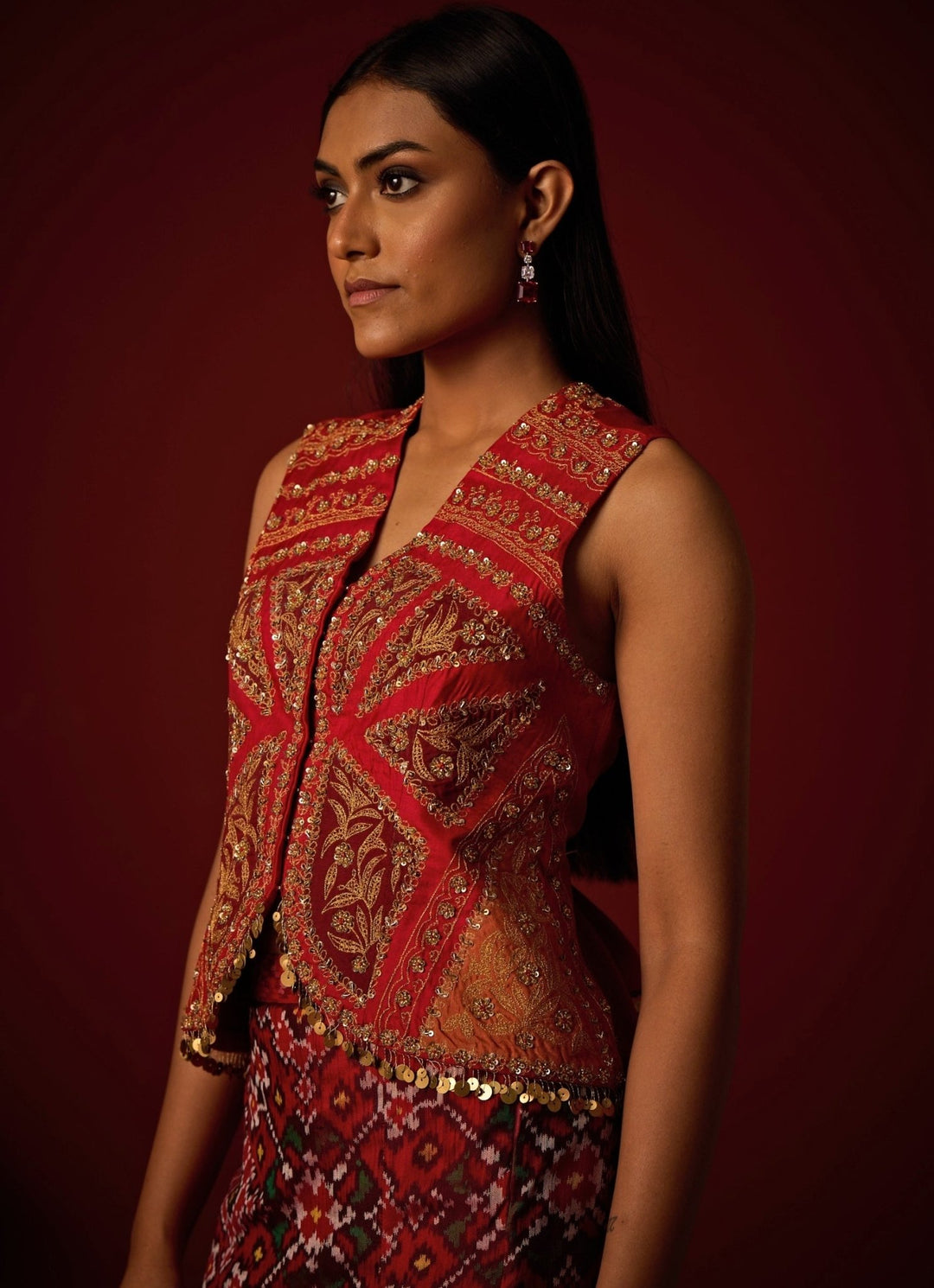 Red Embroidered Patola Silk Gilet With Skirt Twenty Nine - Fabilicious Fashion